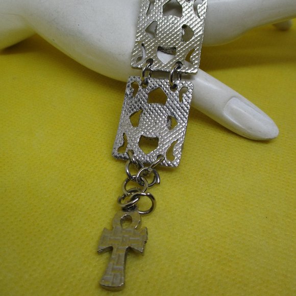 EGYPTIAN Revival SCARAB ANKH Turquoise STONE Silver Tone Metal Panel Bracelet - Picture 7 of 13